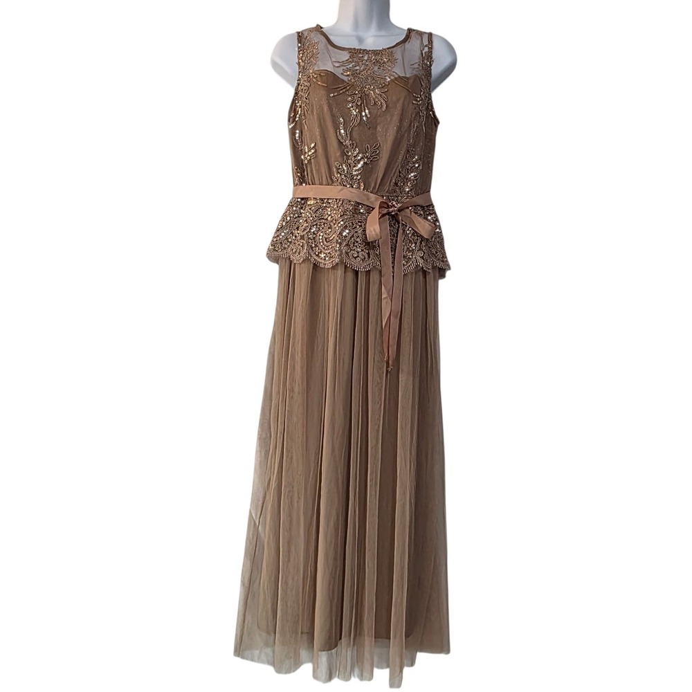 Candalete MOB Maxi Dress Siz S Sequin‎ Lace Embellished Mesh Belted Evening Gown